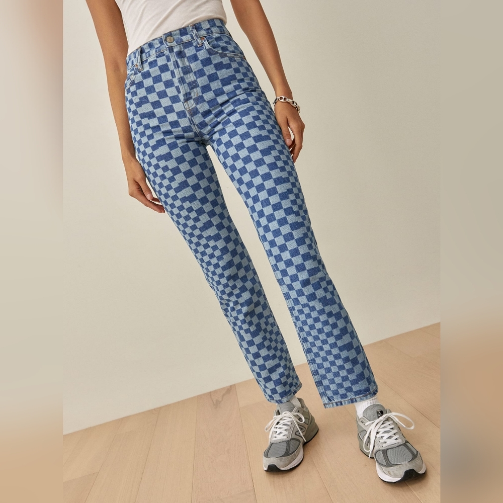 Reformation checkered checker Cynthia Checkerboard High Rise Straight Jeans